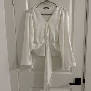 ZARA white satin effect shirt with tie detail and voluminous sleeves